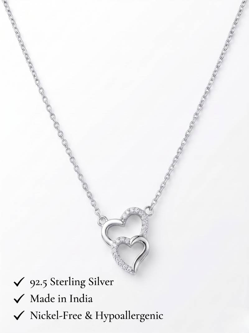 925 Sterling Silver Double Heart Pendant Necklace set  for Women