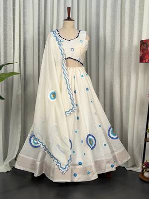 White Embroidered Lehenga Choli with Blue Dupatta- Full stitched free size 1
