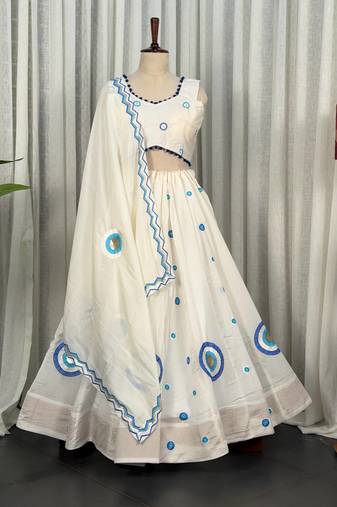 White Embroidered Lehenga Choli with Blue Dupatta- Full stitched free size