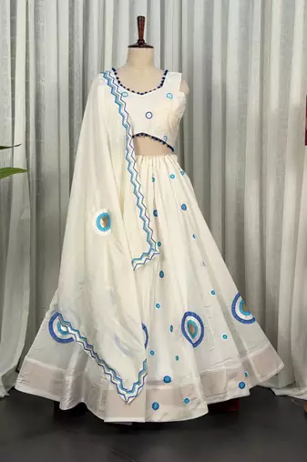 White Embroidered Lehenga Choli with Blue Dupatta- Full stitched free size