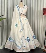 White Embroidered Lehenga Choli with Blue Dupatta- Full stitched free size