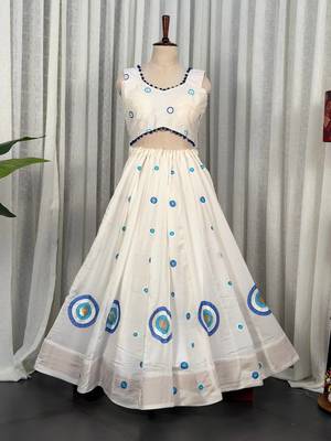 White Embroidered Lehenga Choli with Blue Dupatta- Full stitched free size 2