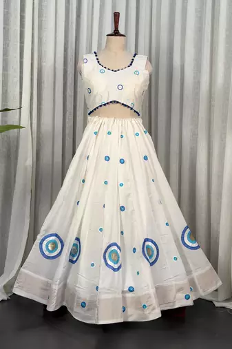 White Embroidered Lehenga Choli with Blue Dupatta- Full stitched free size