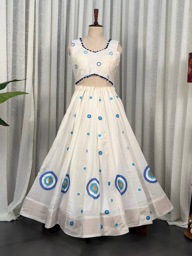 White Embroidered Lehenga Choli with Blue Dupatta- Full stitched free size