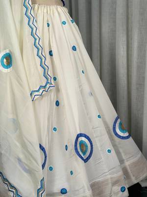White Embroidered Lehenga Choli with Blue Dupatta- Full stitched free size 3