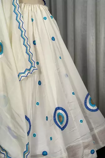 White Embroidered Lehenga Choli with Blue Dupatta- Full stitched free size