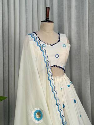 White Embroidered Lehenga Choli with Blue Dupatta- Full stitched free size 4