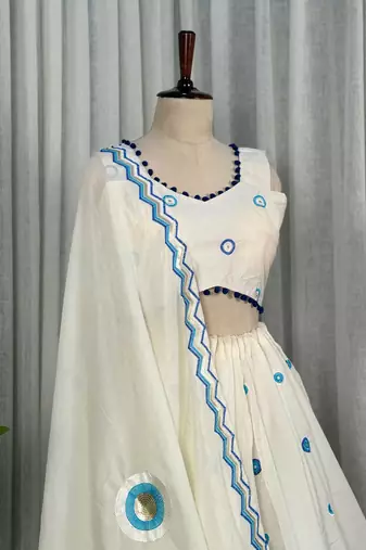 White Embroidered Lehenga Choli with Blue Dupatta- Full stitched free size