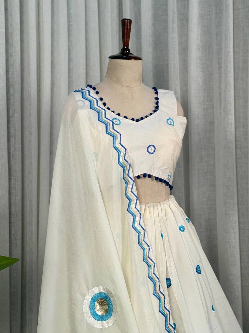 White Embroidered Lehenga Choli with Blue Dupatta- Full stitched free size