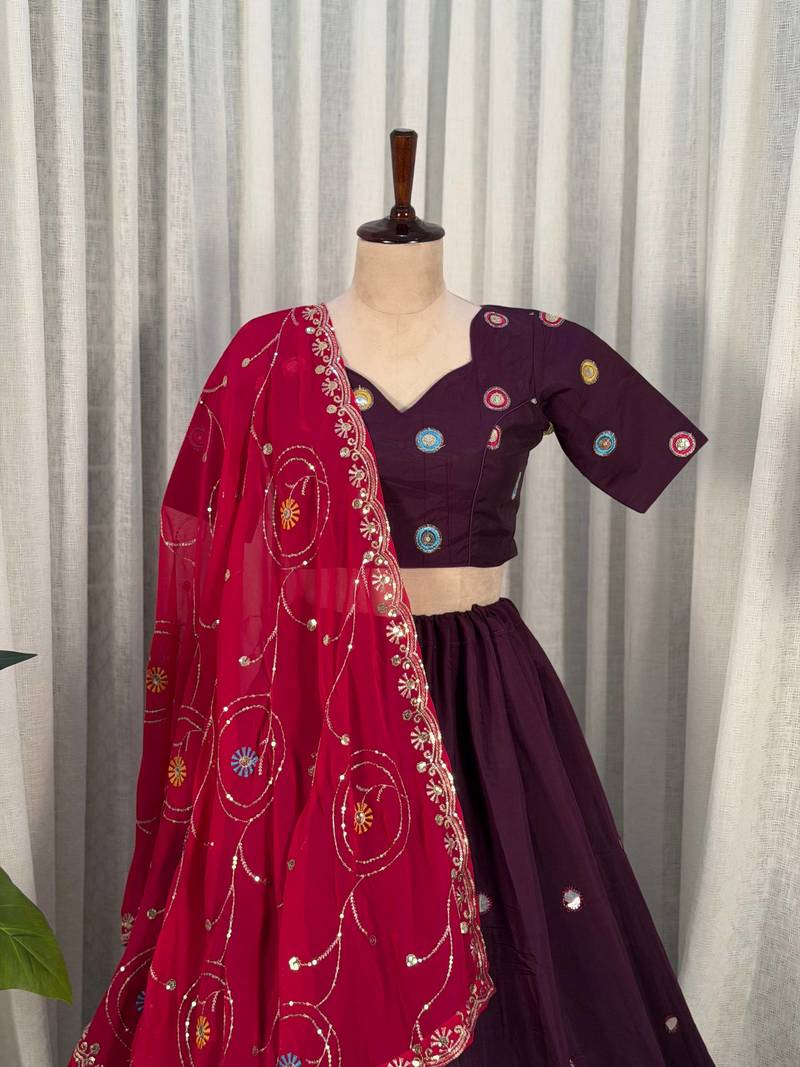 Wine Purple Lehenga Choli with Pink Dupatta- Full stitched free size