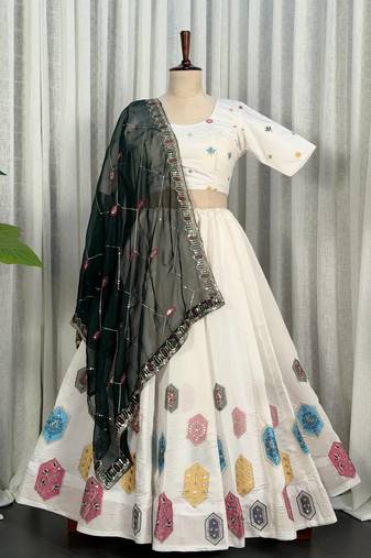 White Navratri Lehenga Choli with Black Embroidered Dupatta- Full stitched free size
