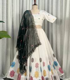 White Navratri Lehenga Choli with Black Embroidered Dupatta- Full stitched free size