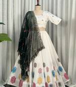 White Navratri Lehenga Choli with Black Embroidered Dupatta- Full stitched free size
