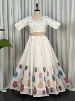 White Navratri Lehenga Choli with Black Embroidered Dupatta- Full stitched free size 2