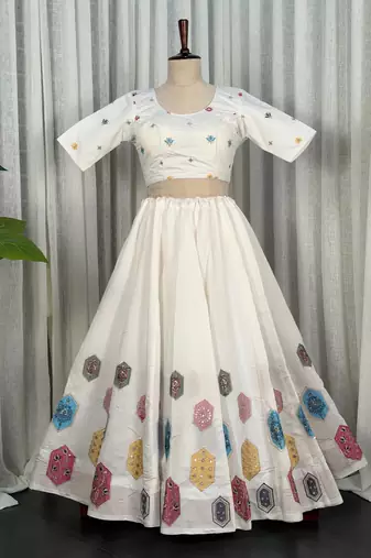 White Navratri Lehenga Choli with Black Embroidered Dupatta- Full stitched free size