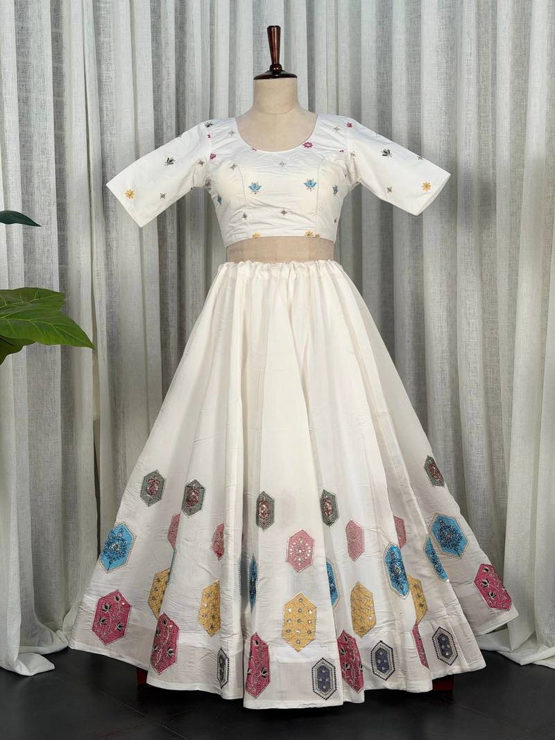 White Navratri Lehenga Choli with Black Embroidered Dupatta- Full stitched free size