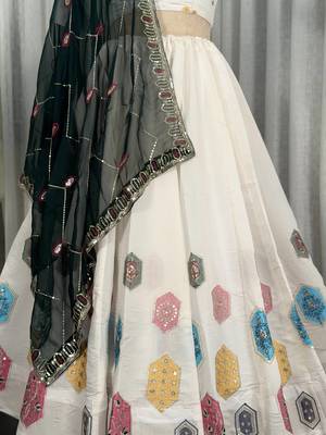 White Navratri Lehenga Choli with Black Embroidered Dupatta- Full stitched free size 3