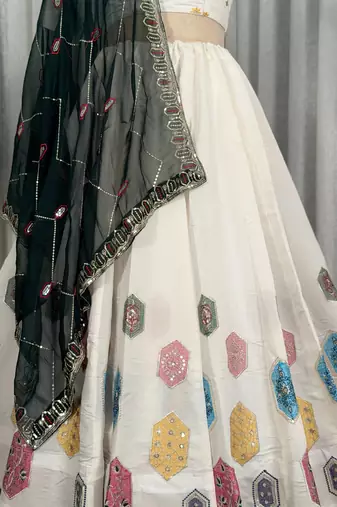 White Navratri Lehenga Choli with Black Embroidered Dupatta- Full stitched free size