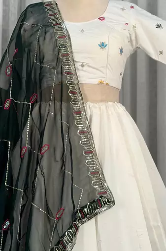 White Navratri Lehenga Choli with Black Embroidered Dupatta- Full stitched free size