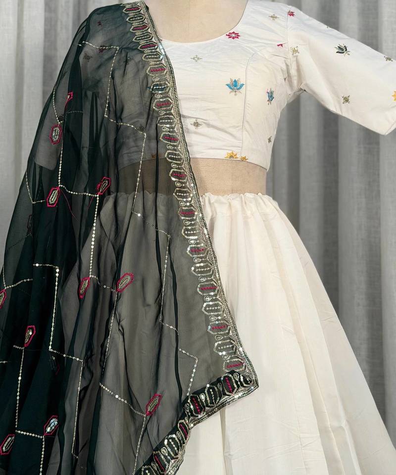 White Navratri Lehenga Choli with Black Embroidered Dupatta- Full stitched free size