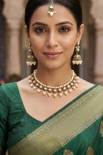 multi-color necklace set with earrings & maang tikka   kundan and agate stone   antique plating