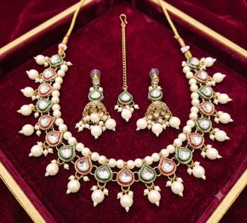 Multi-color necklace set with earrings & maang tikka | kundan and agate stone | antique plating 2