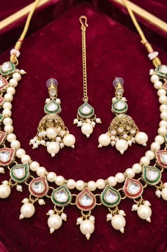 Multi-color necklace set with earrings & maang tikka | kundan and agate stone | antique plating
