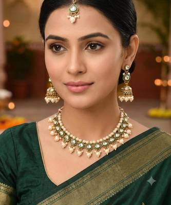 Green necklace set with earrings & maang tikka | kundan and agate stone | antique plating 1