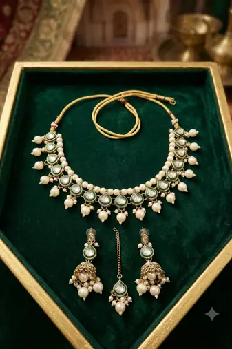 Green necklace set with earrings & maang tikka | kundan and agate stone | antique plating