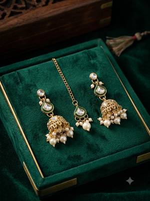 Green necklace set with earrings & maang tikka | kundan and agate stone | antique plating 3