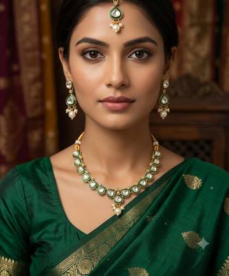 Green necklace set with earrings & maang tikka | kundan & agate stone | antique plating 1