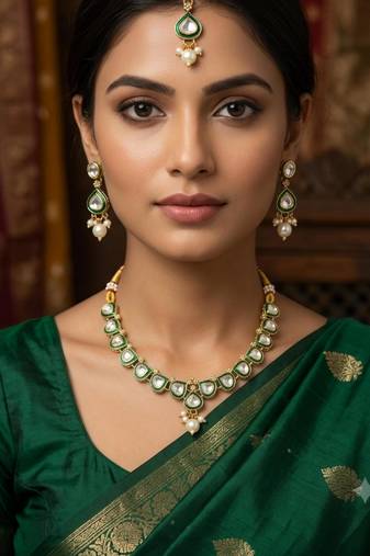 green necklace set with earrings & maang tikka   kundan & agate stone   antique plating