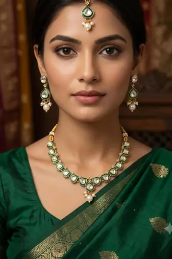 Green necklace set with earrings & maang tikka | kundan & agate stone | antique plating