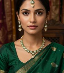 Green necklace set with earrings & maang tikka | kundan & agate stone | antique plating