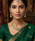 Green necklace set with earrings & maang tikka | kundan & agate stone | antique plating