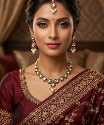 Maroon green necklace set with earrings & maang tikka | kundan & agate stone | antique plating 1