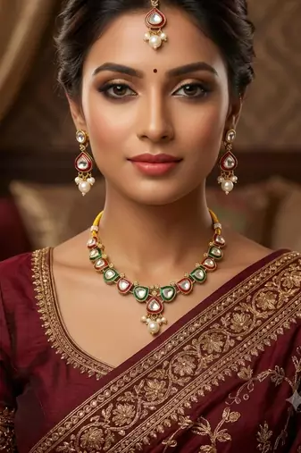 Maroon green necklace set with earrings & maang tikka | kundan & agate stone | antique plating