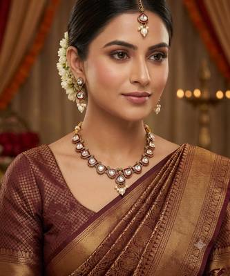 Maroon necklace set with earrings & maang tikka | kundan & agate stone | antique plating 1