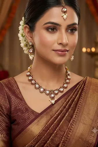 Maroon necklace set with earrings & maang tikka | kundan & agate stone | antique plating
