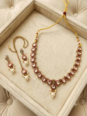 Maroon necklace set with earrings & maang tikka | kundan & agate stone | antique plating 2