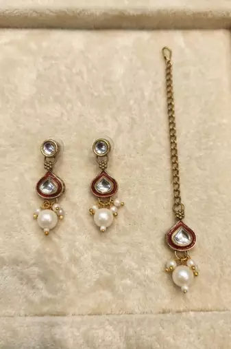 Maroon necklace set with earrings & maang tikka | kundan & agate stone | antique plating