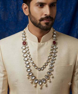 Maroon antique gold-plated agate stone kundan mala for men 1