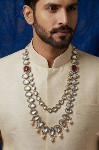 maroon antique gold-plated agate stone kundan mala for men