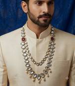 Maroon antique gold-plated agate stone kundan mala for men