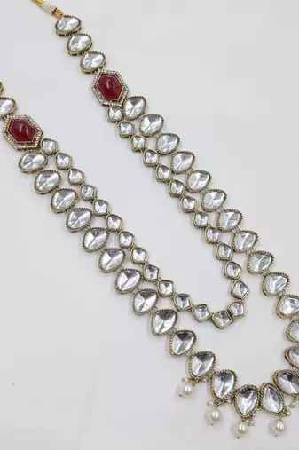 Maroon antique gold-plated agate stone kundan mala for men