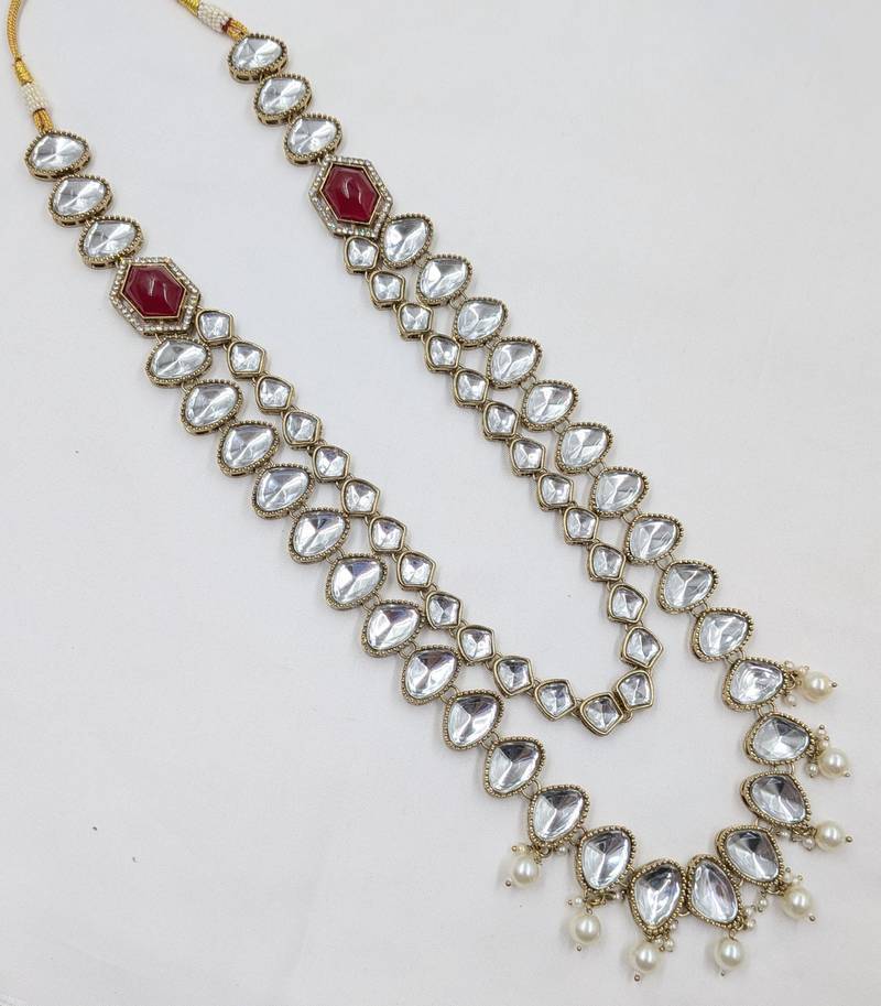 Maroon antique gold-plated agate stone kundan mala for men