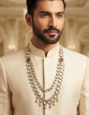 Purple antique gold-plated agate stone kundan mala for men 1