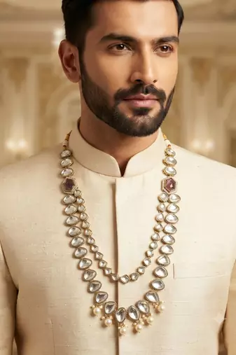 Purple antique gold-plated agate stone kundan mala for men