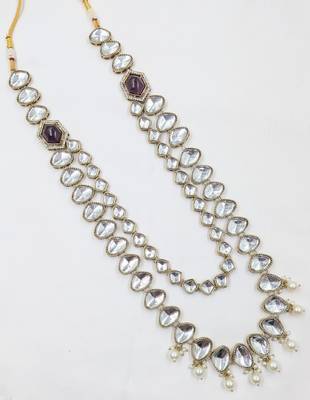 Purple antique gold-plated agate stone kundan mala for men 2