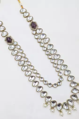 Purple antique gold-plated agate stone kundan mala for men